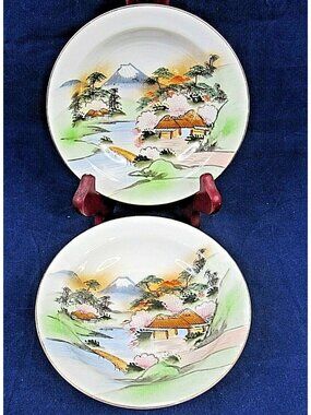 Hand Painted Japanese Porcelain Dessert Plates Mt Fuji Sakura Set Of 2